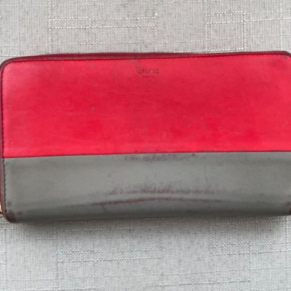 Celine Women Clutch Wallet Card Holder Red/Gray Genuine Leather Zip Around Purse - Picture 1 of 12